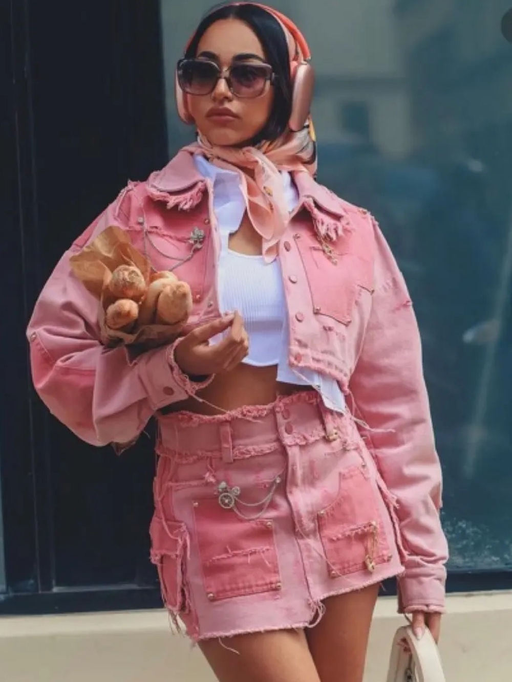 Saint Giovanni De La Mode Pink Mini Skirt & Crop Denim Jacket Set S
